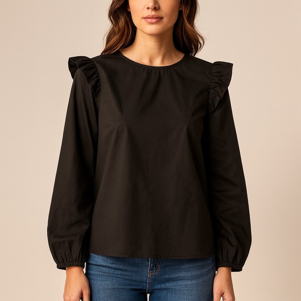 NWT J Crew Factory Women's Black Long Sleeve Blouse Shoulder Ruffle Size L